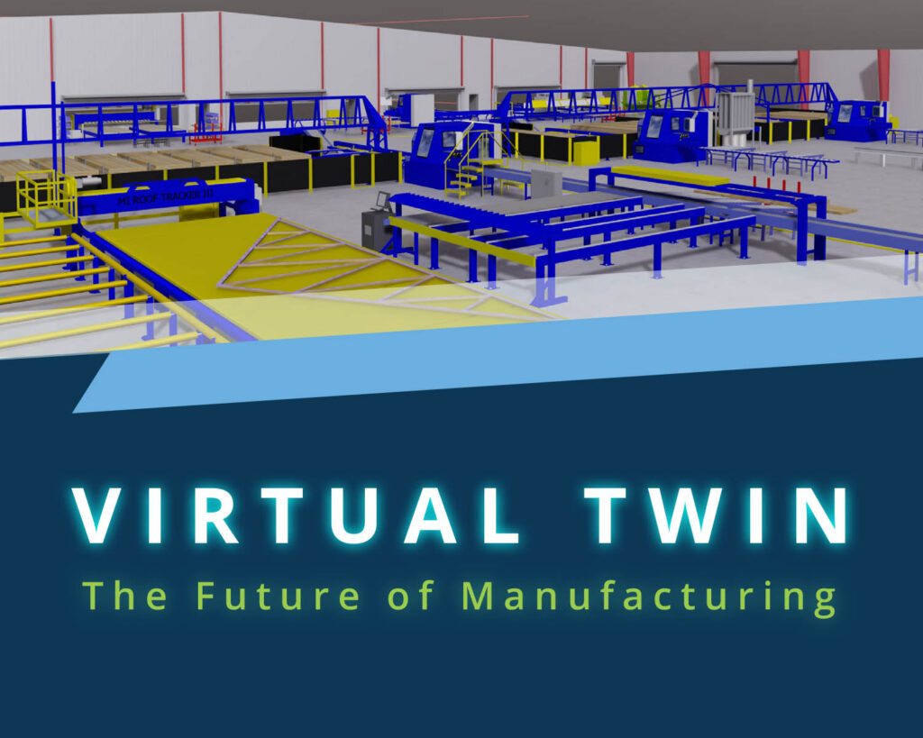 Digital rendering of a factory layout with the title “Virtual Twin – The Future of Manufacturing” overlaid in neon-style text.