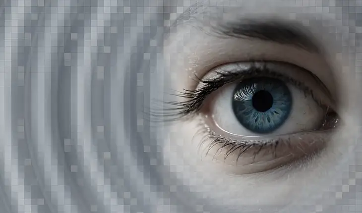 Close up of blue eye staring outwards next to background rings/ripples
