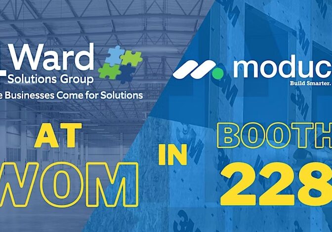 Promotional graphic for 4Ward Solutions Group and Moducore at WOM in Booth 228.