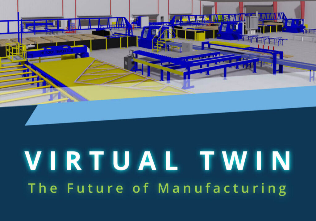 Digital rendering of a factory layout with the title “Virtual Twin – The Future of Manufacturing” overlaid in neon-style text.